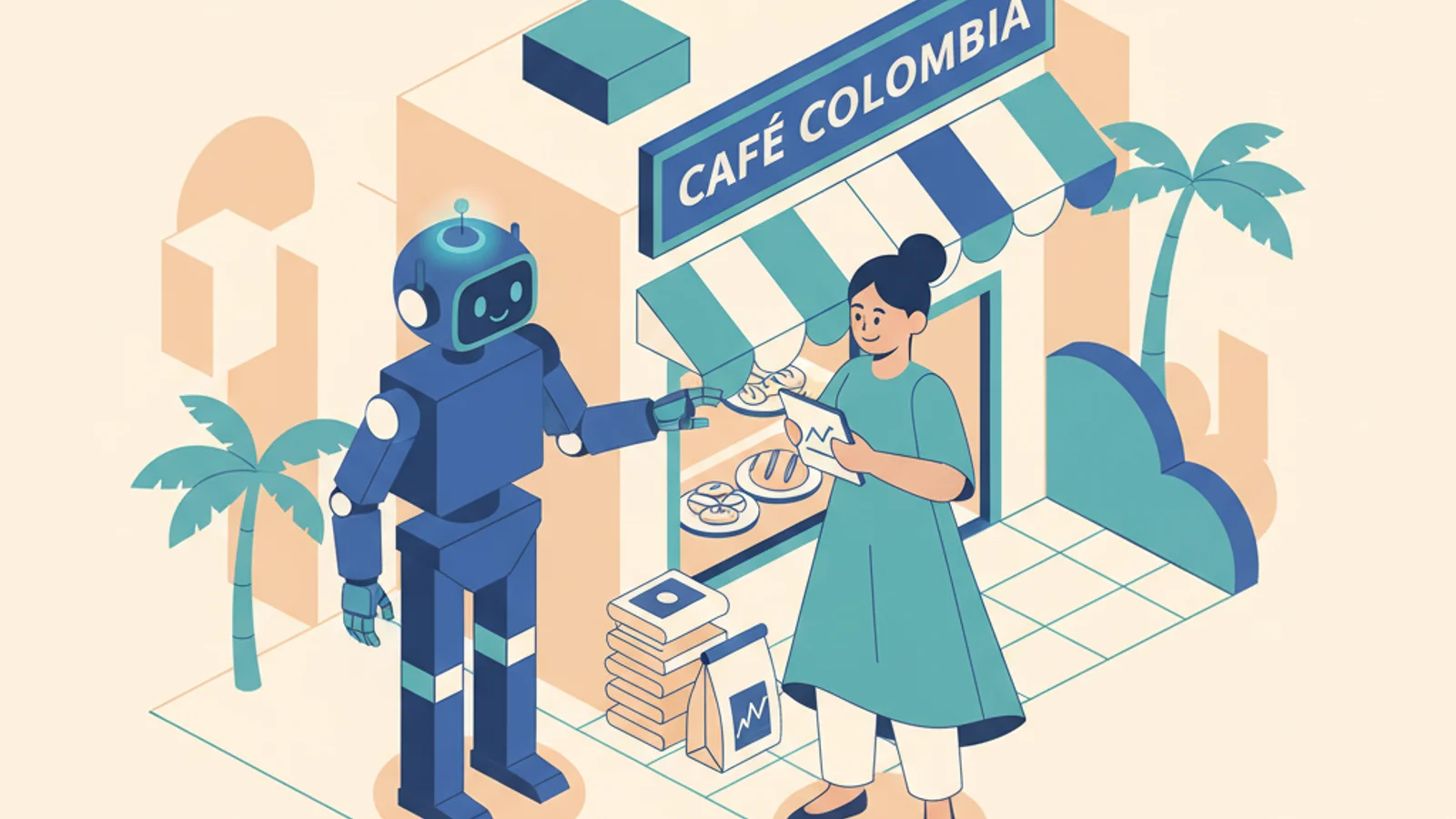 Asistente de IA junto a dueño de negocio colombiano en su local