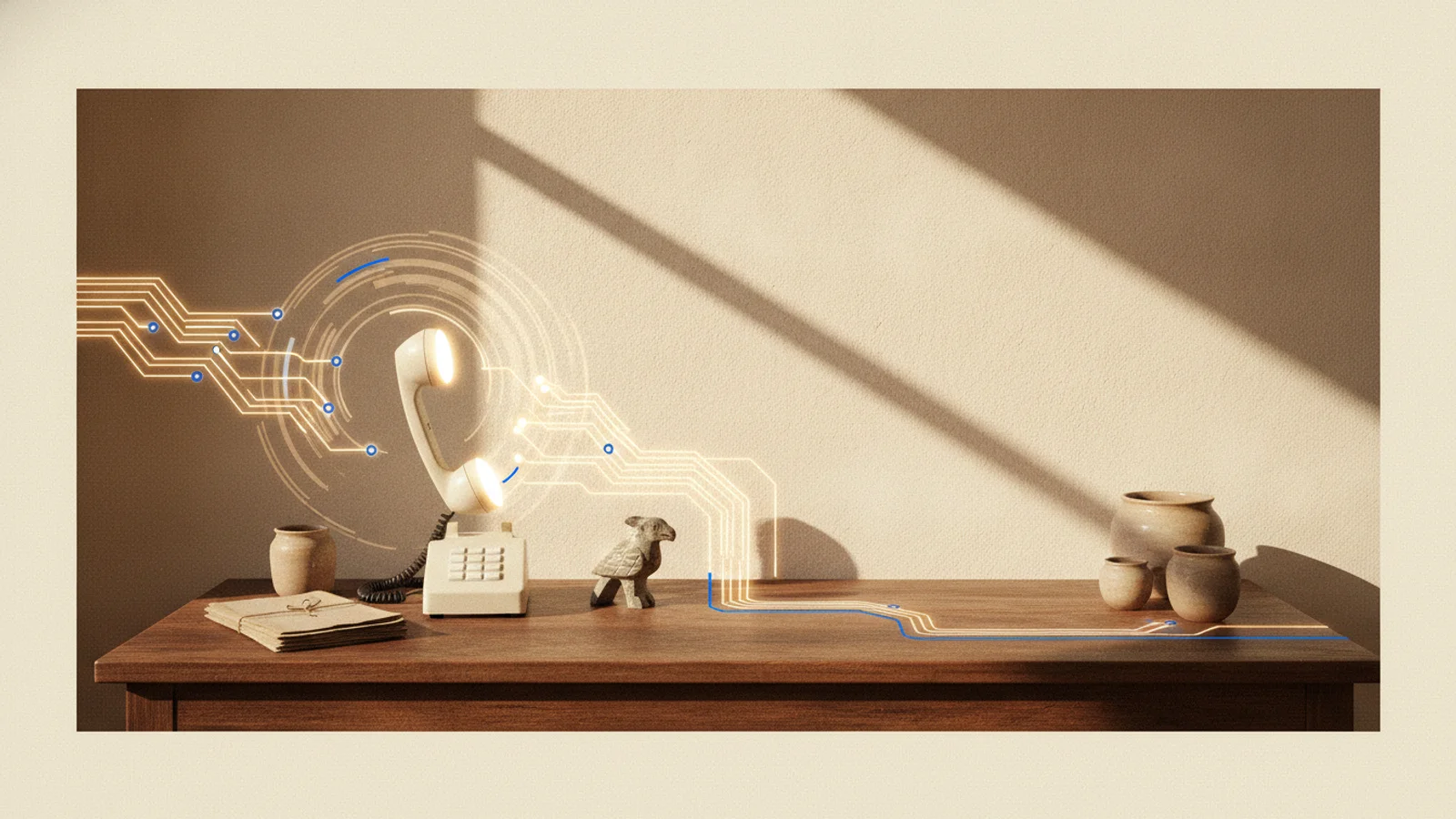 Teléfono de oficina con ondas de sonido digitales que representan un agente de voz con inteligencia artificial atendiendo llamadas