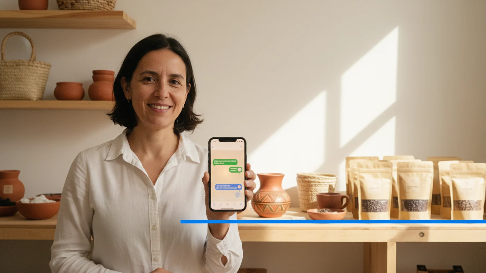 Dueño de una tienda pequeña revisando conversaciones automatizadas en WhatsApp desde su celular