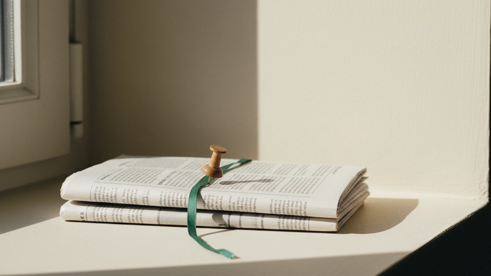 Detalle interior de una gaceta municipal doblada sobre alféizar de yeso crema, evocando la comunicación ciudadana automatizada.
