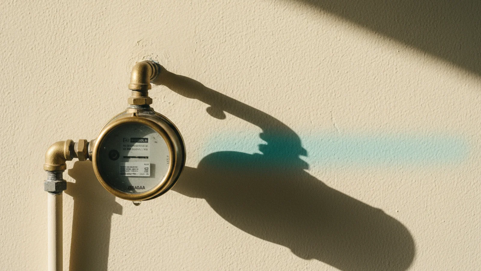 Medidor de agua residencial sobre muro de estuco crema, evocando la gestión consolidada de PQR para una empresa de servicios públicos.