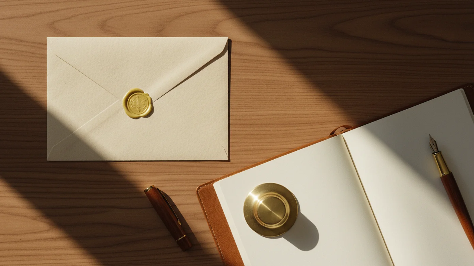 Sobre lacrado junto a libro mayor abierto sobre escritorio de nogal iluminado por luz de tarde, evocando la cobranza ordenada por correo.