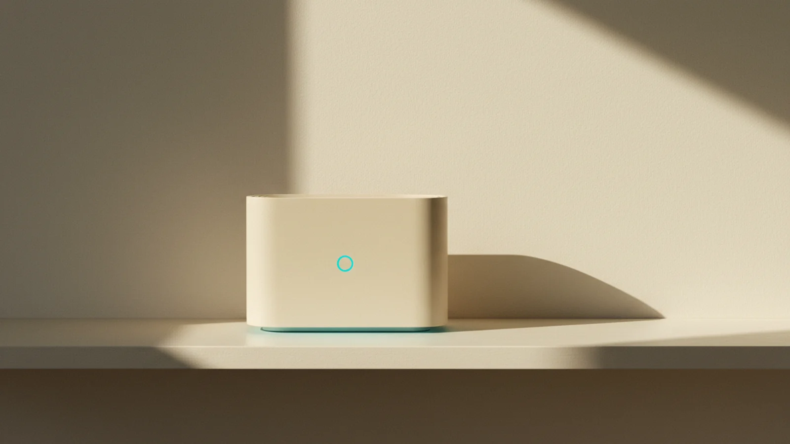 Detalle interior de un módem con LED teal sobre repisa crema, evocando el cobro automatizado del servicio de internet.