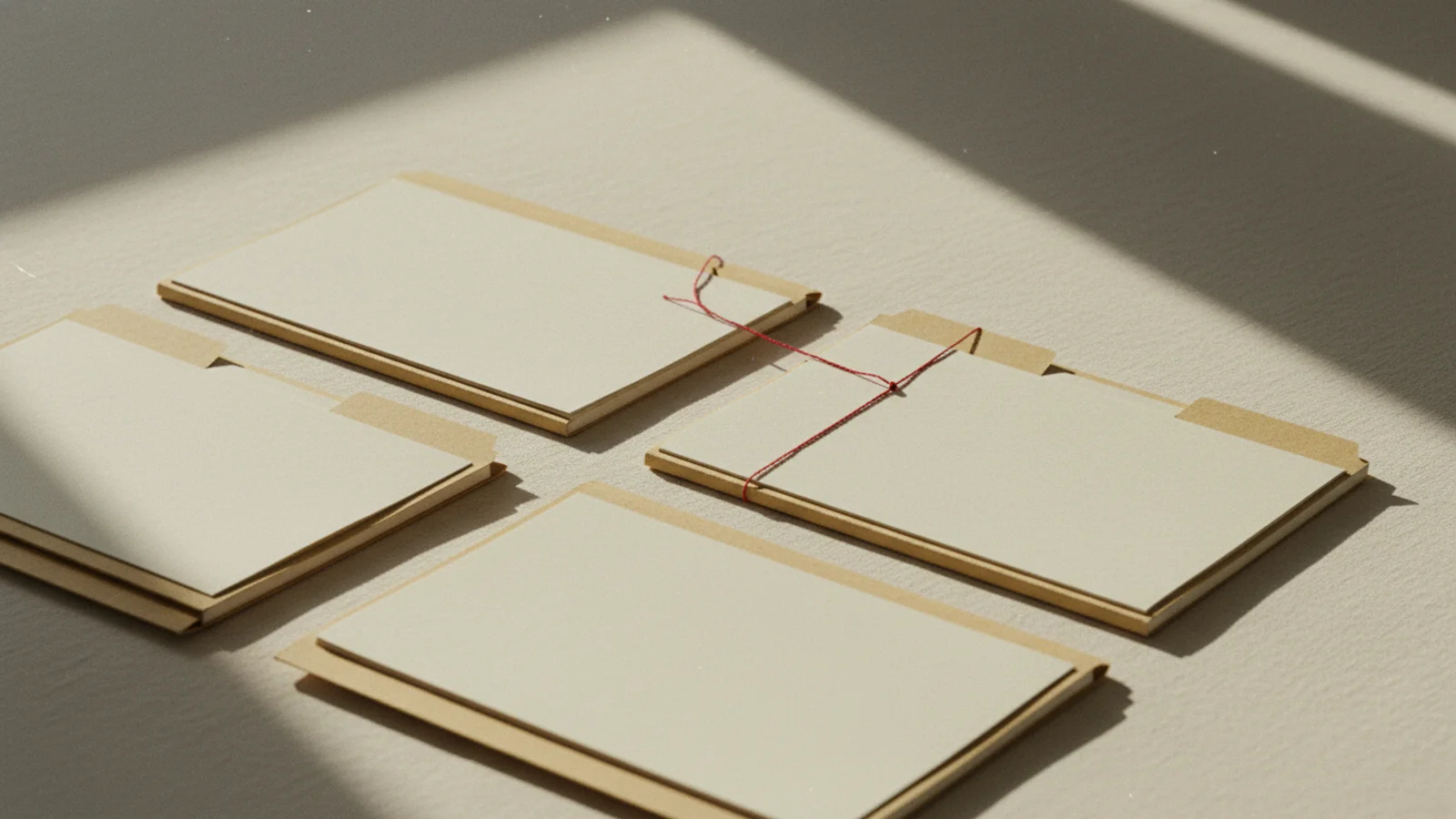 Pilas de documentos sobre lino crema conectadas por un hilo rojo tenso, evocando el cruce de congruencia documental para auditoría.