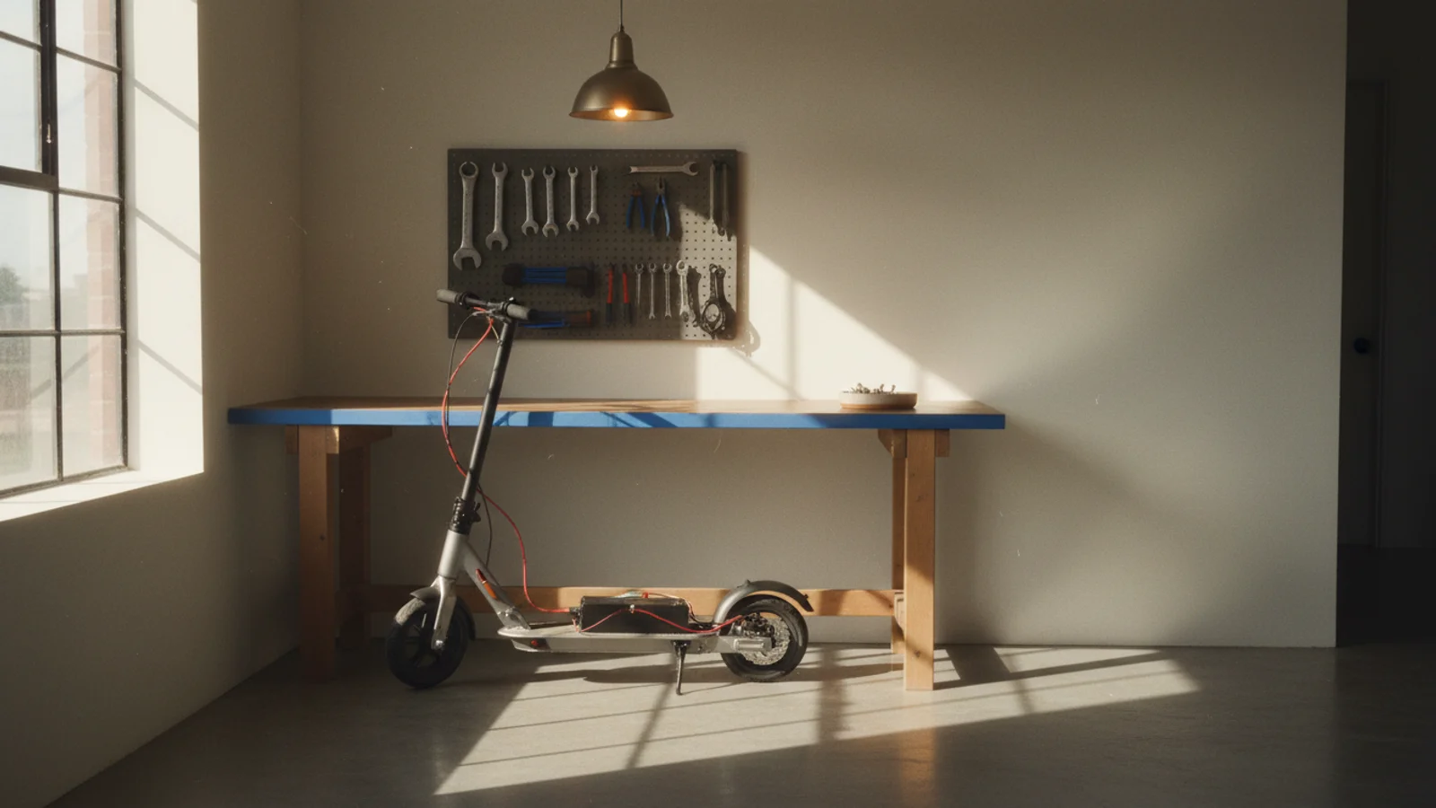 Patineta eléctrica parcialmente desmontada sobre una mesa de taller bajo una lámpara cálida, evocando el flujo digitalizado del servicio técnico.