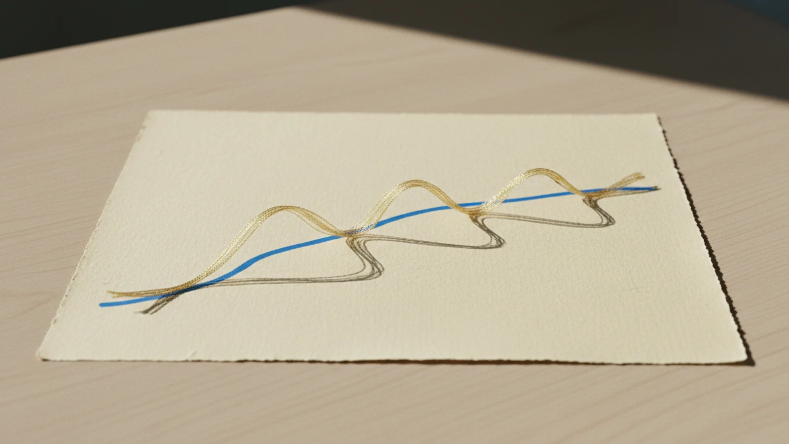 Fotografía editorial de un hilo de seda dorada suspendido sobre piedra oscura, curvándose como si lo moviera una voz.