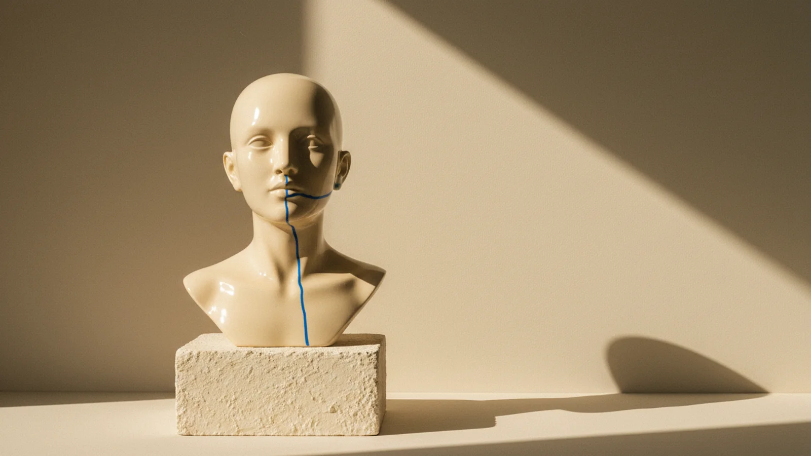 Fotografía editorial de un busto de porcelana iluminado desde adentro sobre un pedestal en una galería oscura.