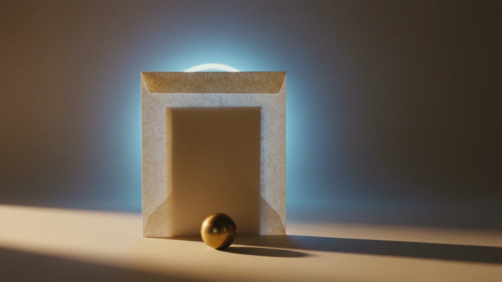 Fotografía editorial de un sobre translúcido iluminado por un halo verde suave sobre superficie crema.