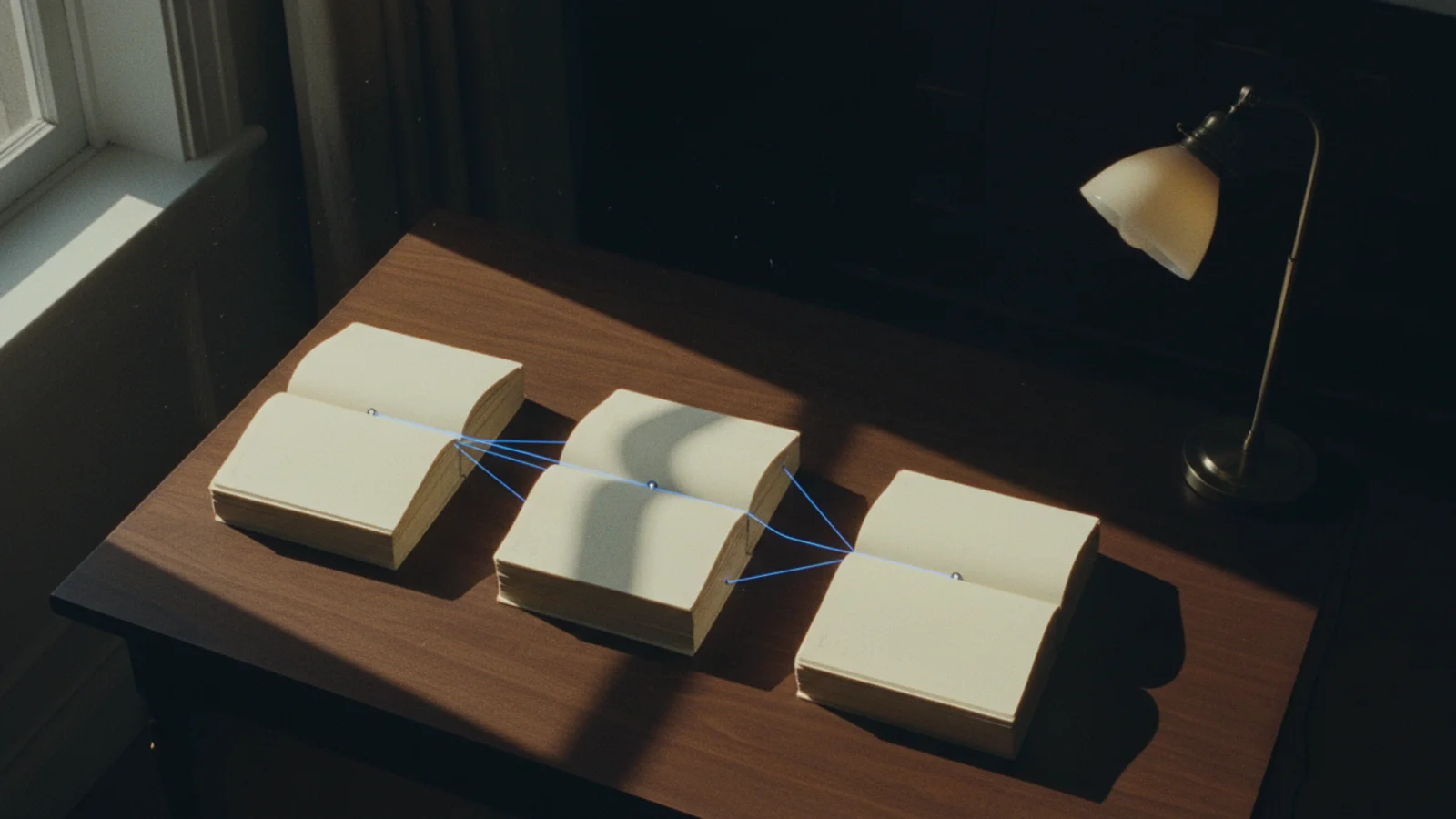 Fotografía cenital de tres pilas de expedientes conectadas por finos hilos de luz morada sobre mesa de nogal.