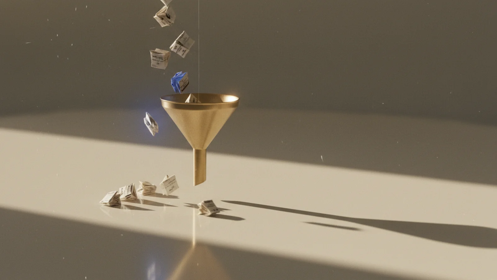 Fotografía editorial de un embudo de latón recibiendo tarjetas de papel que caen desde arriba sobre superficie pulida.