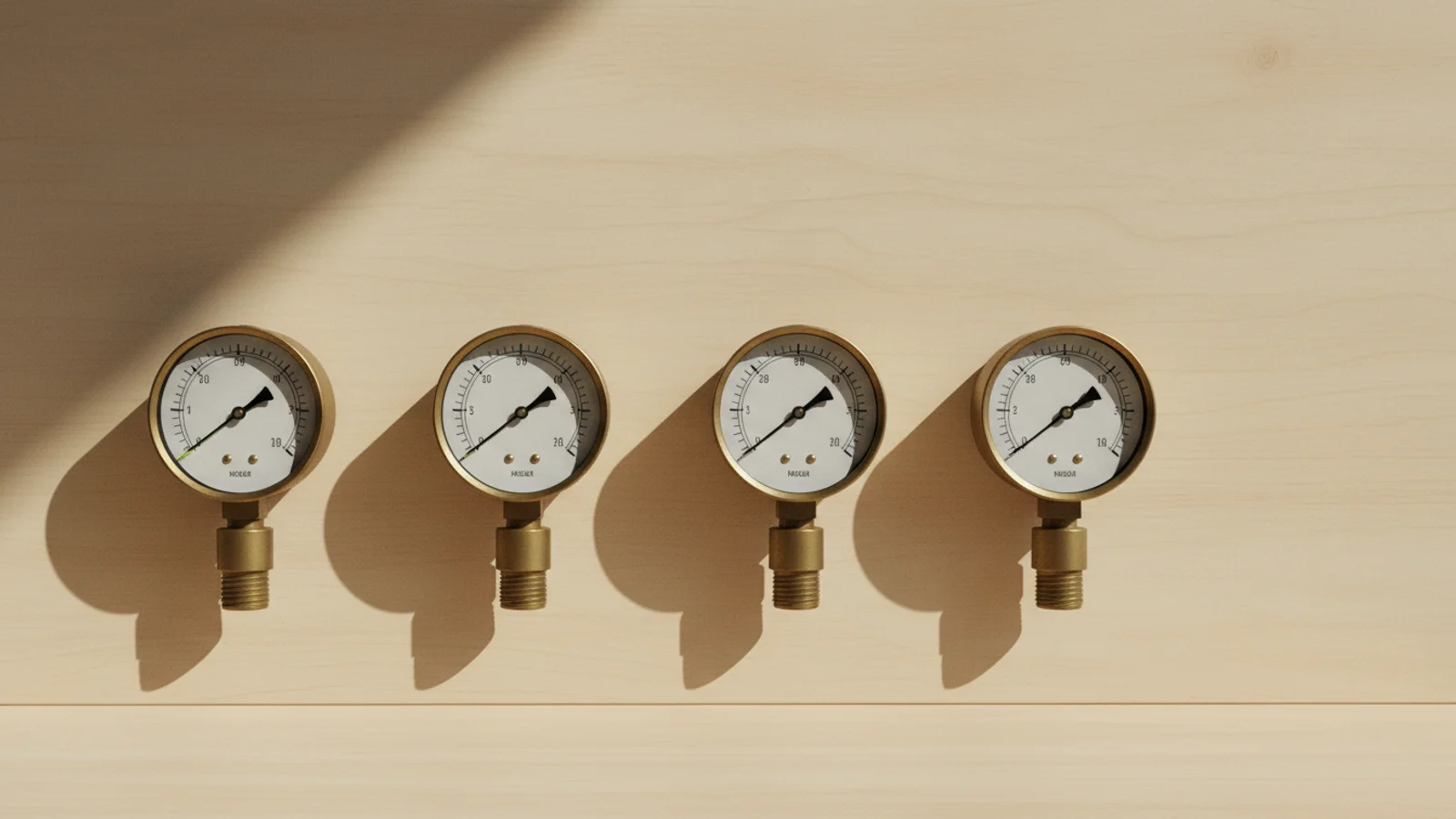Fotografía macro de una fila de manómetros de latón sobre panel de madera oscura iluminados con luz cálida.