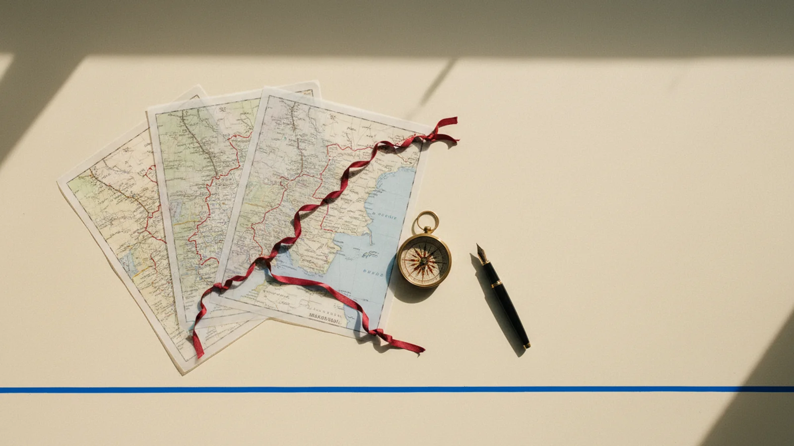 Fotografía cenital de tres mapas de vitela unidos por una cinta roja que traza una ruta continua.