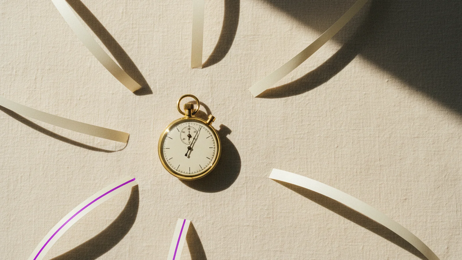 Fotografía editorial de un cronómetro de latón rodeado por cinco tiras de papel que convergen hacia el centro.