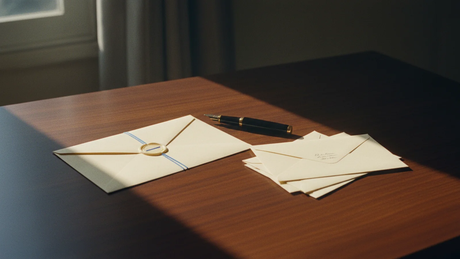 Fotografía editorial de una carta sellada con cera crema sobre escritorio de nogal junto a pluma y sobres.