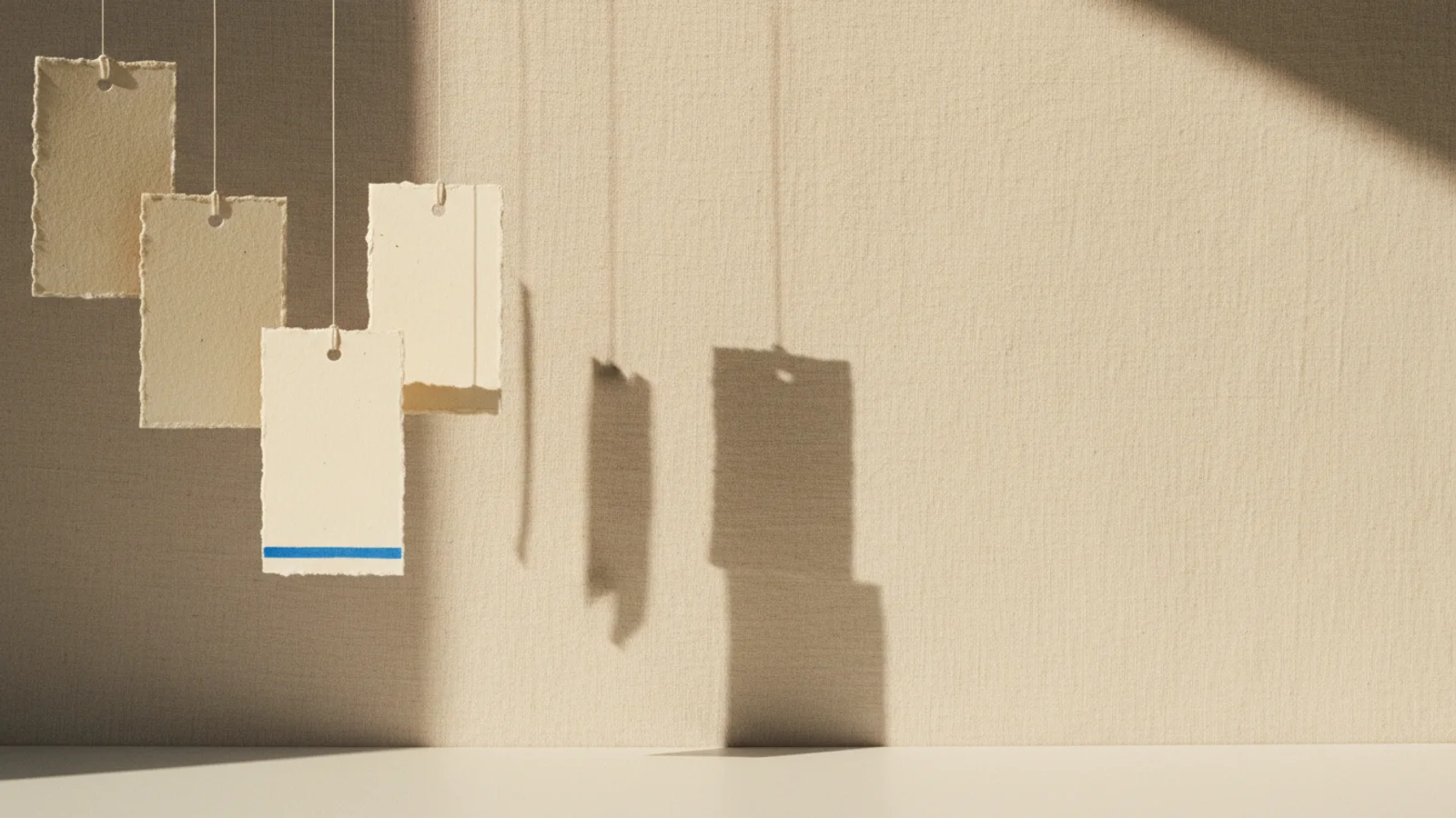 Fotografía editorial de una fila de etiquetas de precio colgando a distintas alturas con una iluminada al fondo.