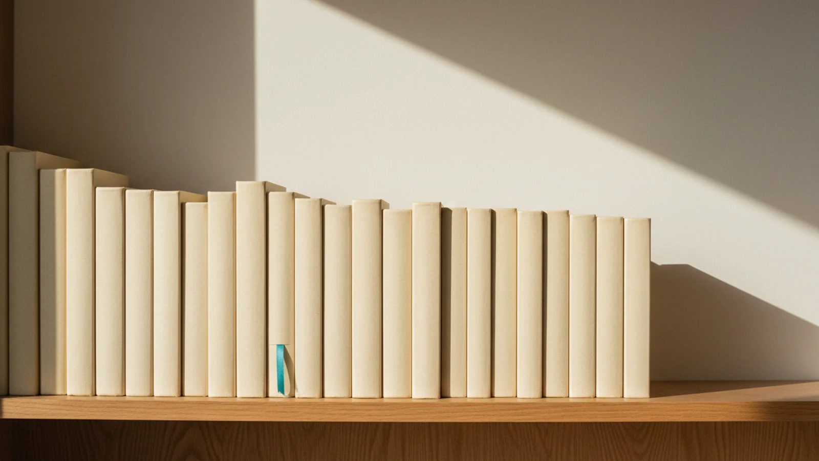 Fotografía editorial de una estantería de libros crema alineados sobre nogal oscuro iluminados por una lámpara cálida.