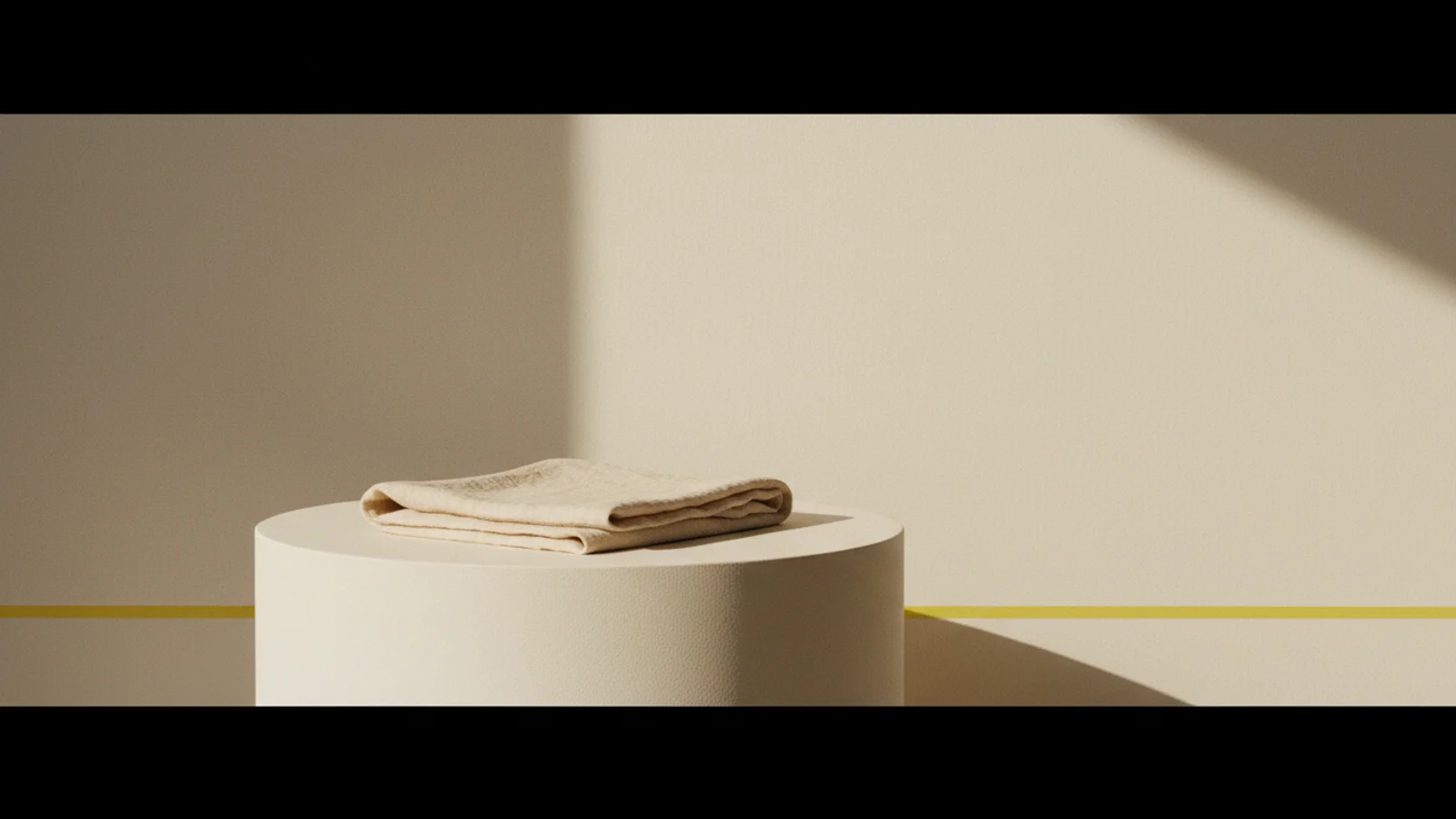 Fotografía arquitectónica editorial de una vitrina minimalista al atardecer con un objeto iluminado sobre pedestal crema.